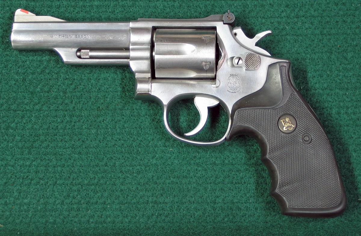 Left side of S&W Model 66-1 double action stainless steel revolver. (Photo © Russ Chastain)