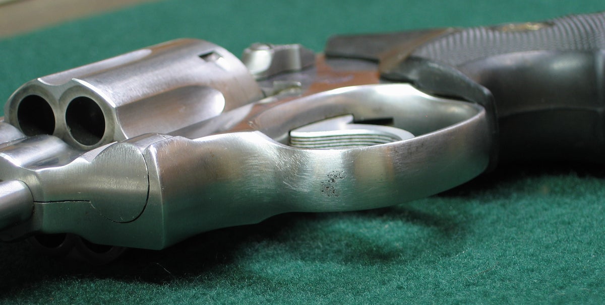 Proof that stainless steel will rust. This damage was caused by storing the revolver in a leather holster. (Photo © Russ Chastain)