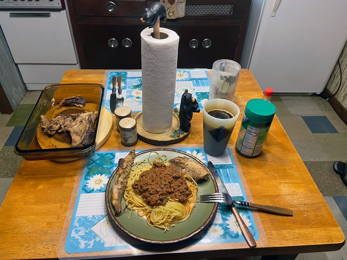 Ground venison in the spaghetti sauce, and roasted wild hog on the side. (Photo © Russ Chastain)