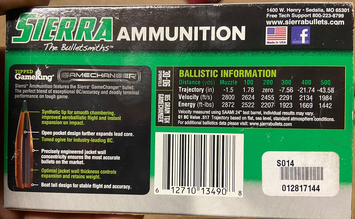 Back of box for Sierra GameChanger ammo, load A4669--06 308 Win 165-grain TGK (Photo © Russ Chastain)