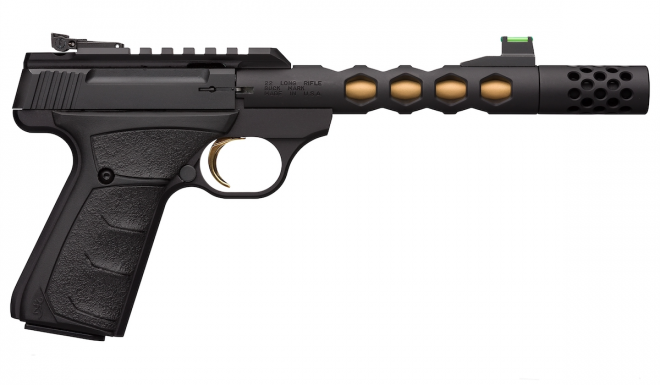 Introducing the Buck Mark Plus Vision Black/Gold Suppressor Ready Pistol