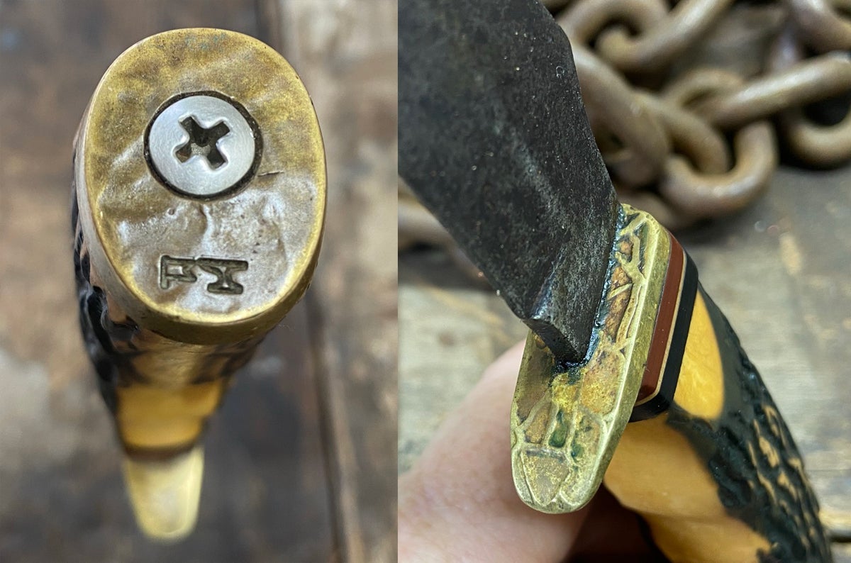 Brass butt plate and guard have "gold rush" texture. (Photo © Russ Chastain)