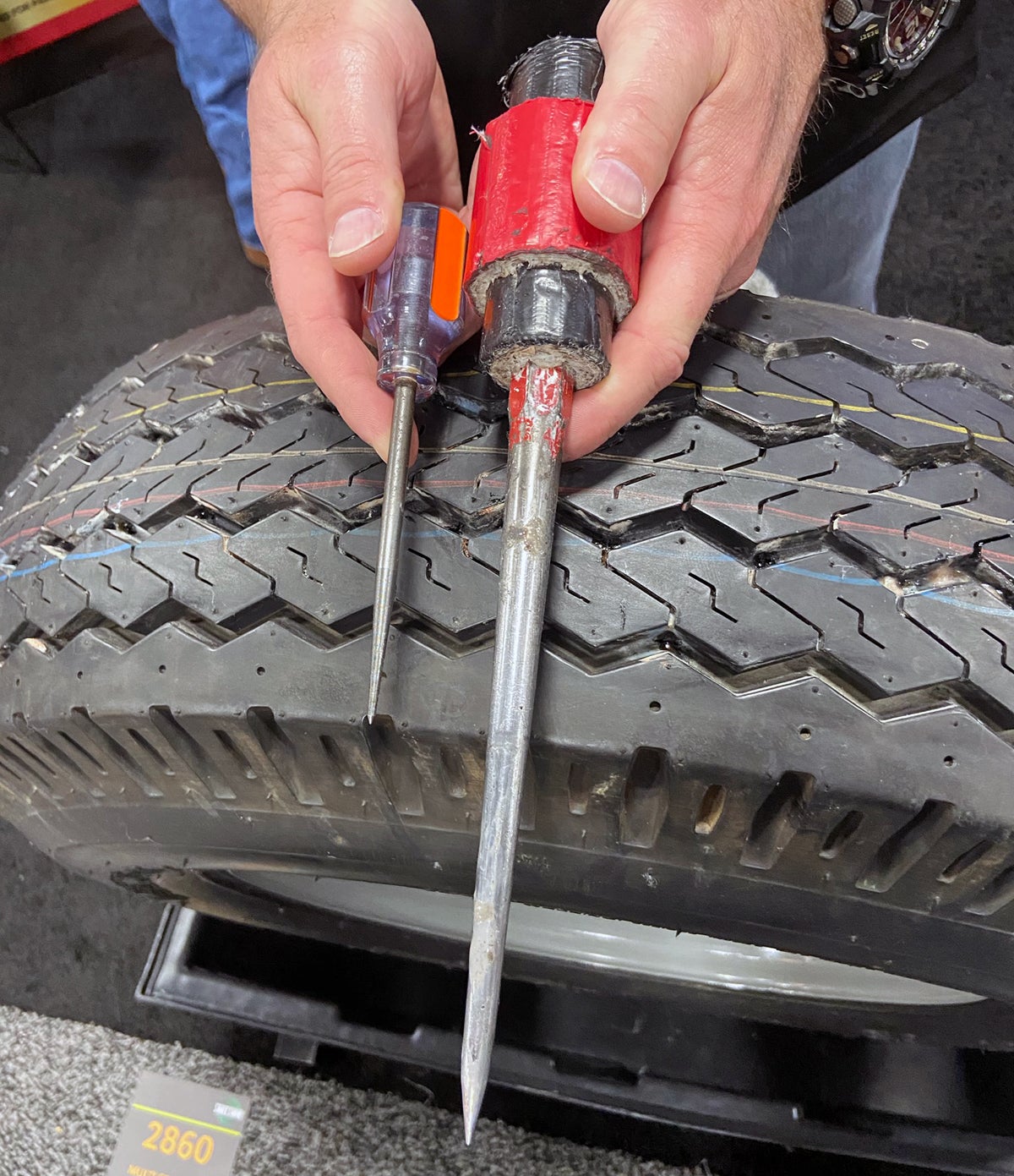 Spikes for demonstrating Flat Out tire sealant (Photo © Russ Chastain)