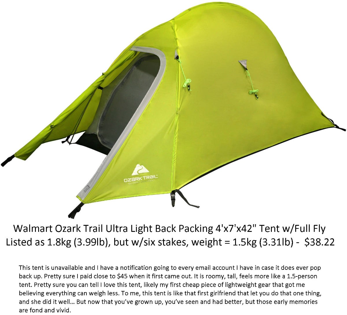 Walmart Ozark Trail Ultra Light Back Packing 4' x 7' x 42" Tent with Full Fly, Sleeping Capacity 1 Person