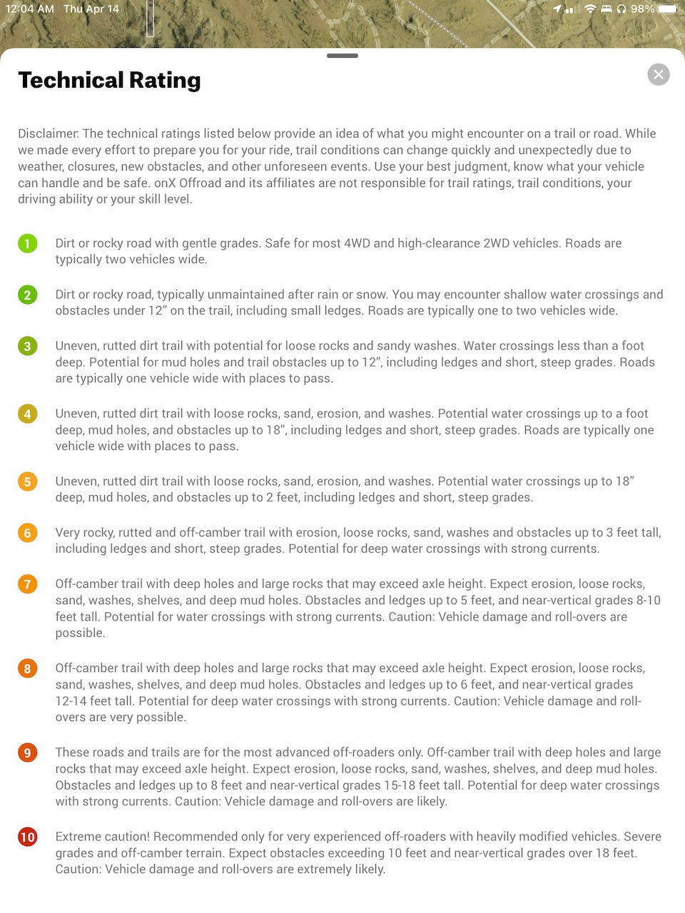 onX Offroad Trail Difficulty chart