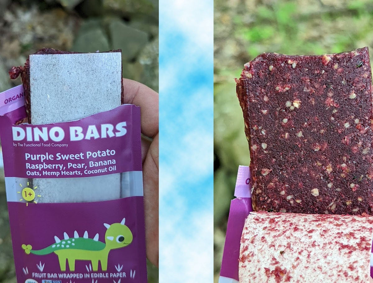 DINO BARS Organic Fruit Bar Kids Fruit Oats Hemp Hearts Coconut Oil Edible Paper Sweet Potato Raspberry Pear Banana Oats Hemp Hearts Coconut Oil WE BELIEVE you don't need to sacrifice quality taste